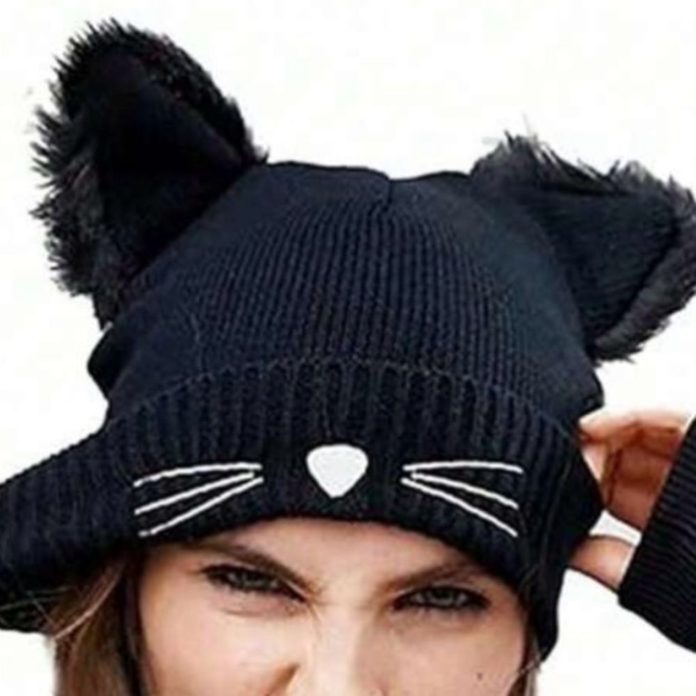 Cute Black Cat Ear Knit Beanie - Women's Winter Hat